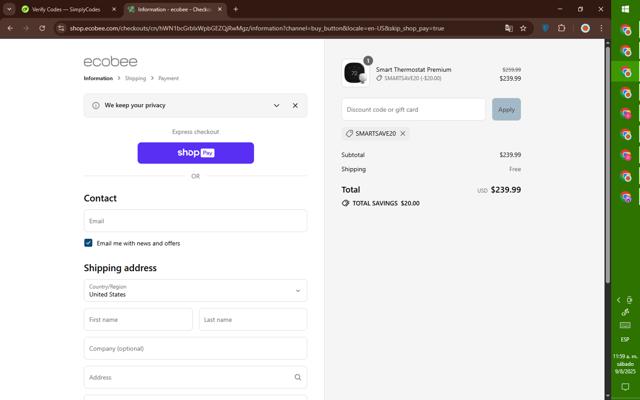 Ecobee checkout page showing Ecobee discount code box | Screenshot taken by SimplyCodes community member on Aug 9, 2025