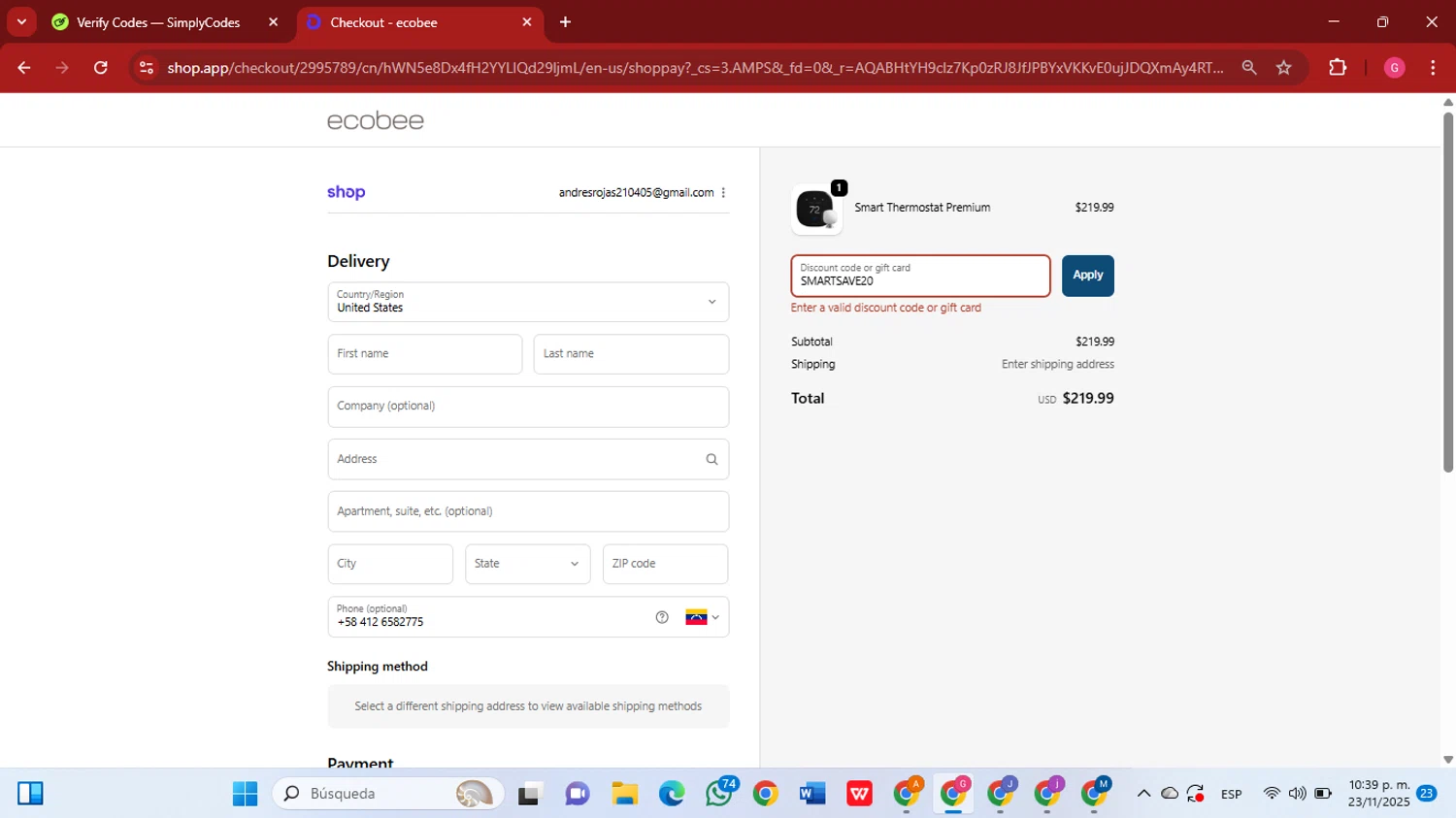 Ecobee discount code screenshot showing code SMARTSAVE20 applied at Ecobee checkout page. Uploaded by SimplyCodes community member GGGilbert on Nov 24, 2025
