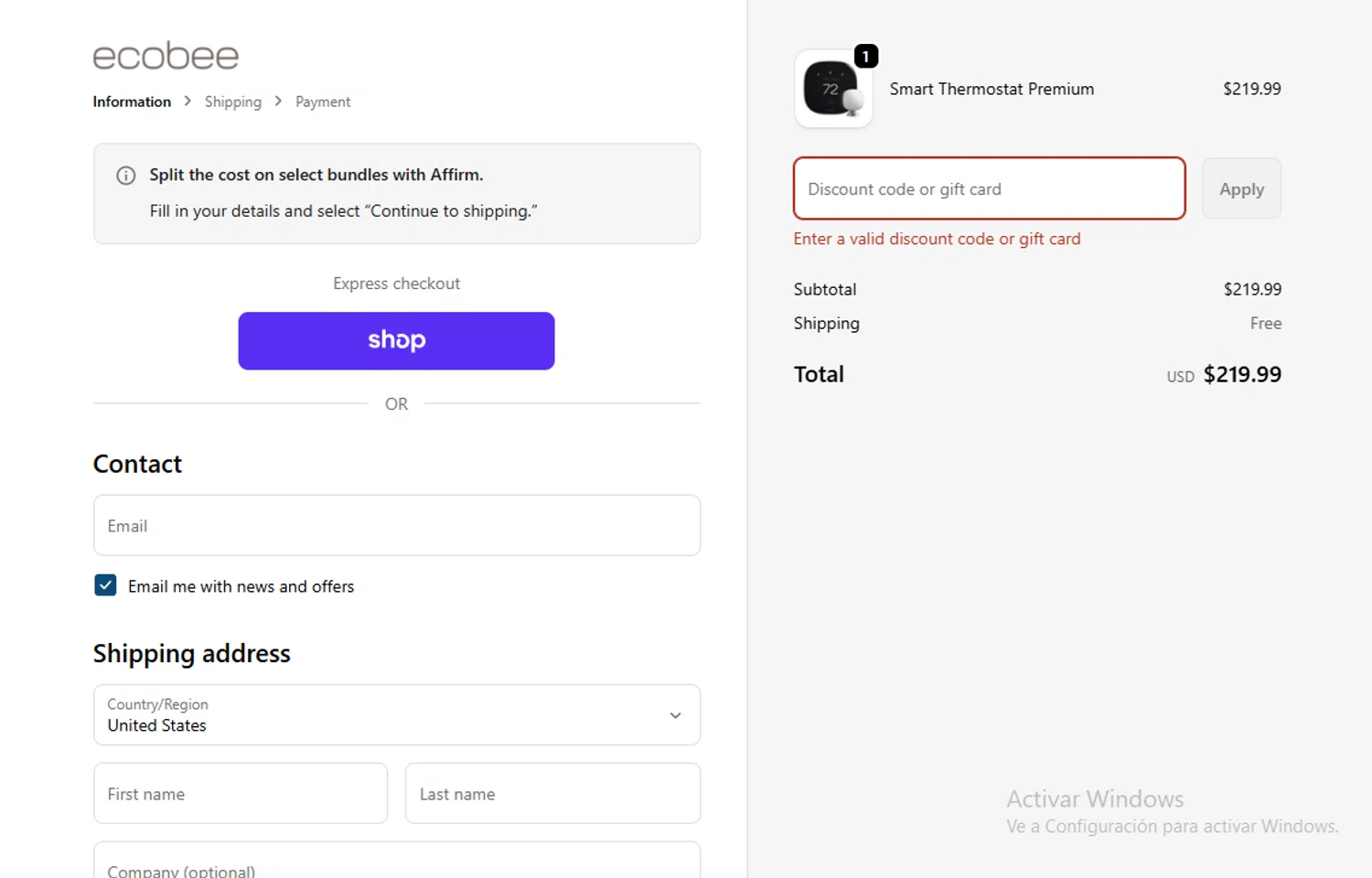 Ecobee discount code screenshot showing code SMARTSAVE20 applied at Ecobee checkout page. Uploaded by SimplyCodes community member Lestara_23 on Dec 2, 2025