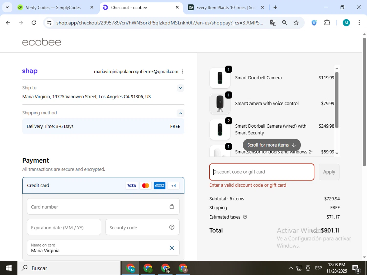 Ecobee discount code screenshot showing code SMARTSAVE20 applied at Ecobee checkout page. Uploaded by SimplyCodes community member estrellaveloz on Nov 28, 2025