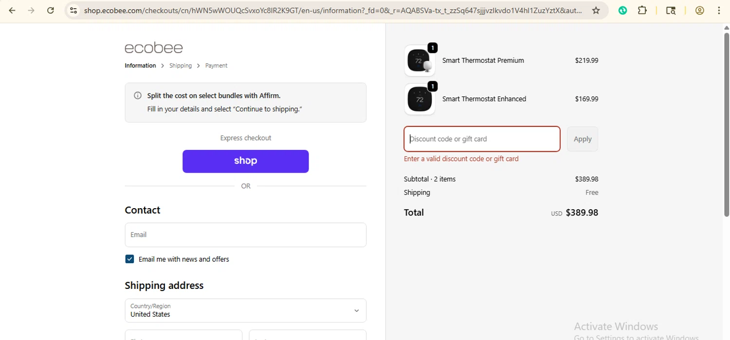 Ecobee discount code screenshot showing code CARTSAVINGS90208 applied at Ecobee checkout page. Uploaded by SimplyCodes community member giselmarstephanny on Dec 1, 2025