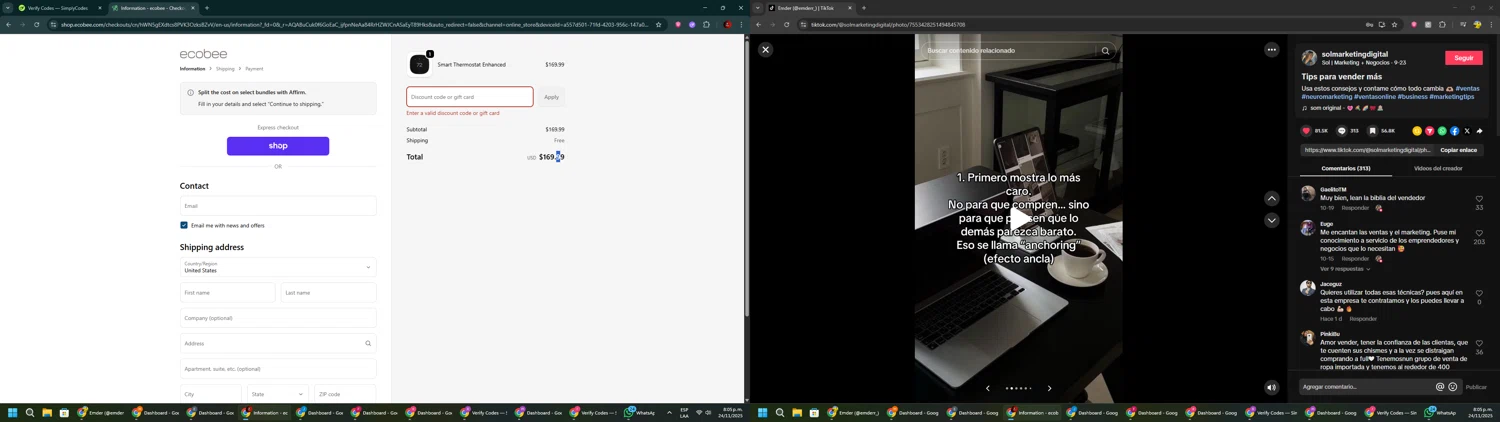 Ecobee discount code screenshot showing code CARTSAVINGS0825 applied at Ecobee checkout page. Uploaded by SimplyCodes community member BrilliantSaver7516 on Nov 25, 2025