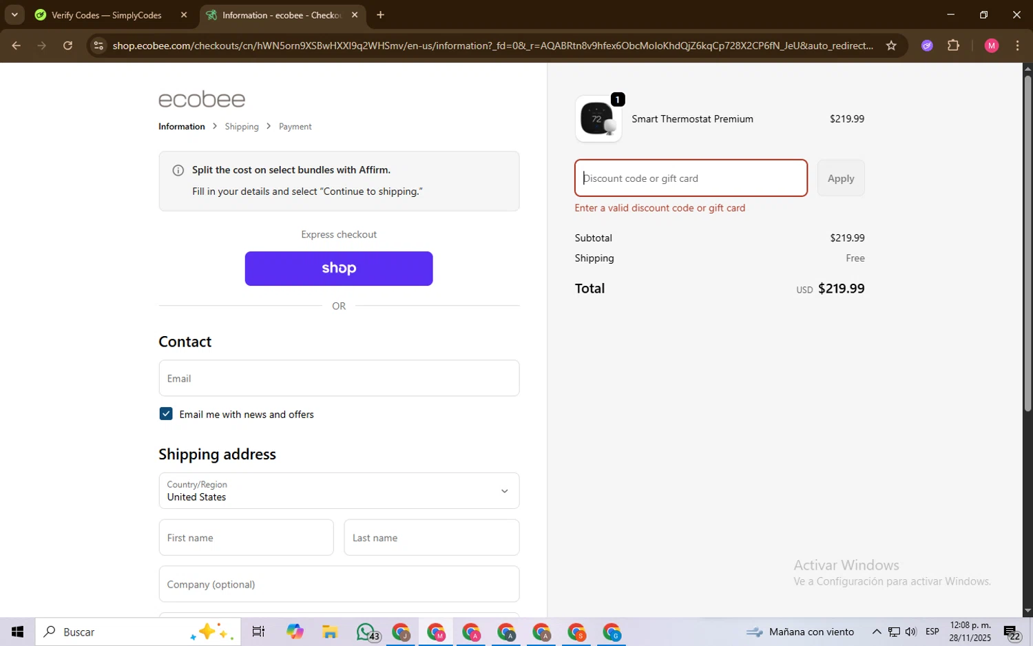 Ecobee discount code screenshot showing code CARTSAVINGS0825 applied at Ecobee checkout page. Uploaded by SimplyCodes community member Chambeadoranonimo on Nov 28, 2025