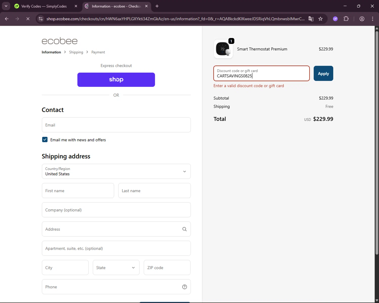 Ecobee discount code screenshot showing code CARTSAVINGS0825 applied at Ecobee checkout page. Uploaded by SimplyCodes community member CoinHunter8661 on Dec 19, 2025