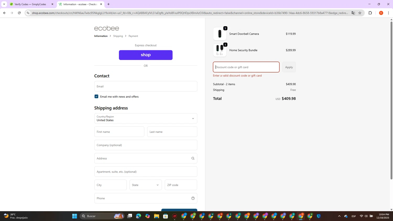Ecobee discount code screenshot showing code CARTSAVINGS0825 applied at Ecobee checkout page. Uploaded by SimplyCodes community member DealVirtuoso2241 on Dec 19, 2025