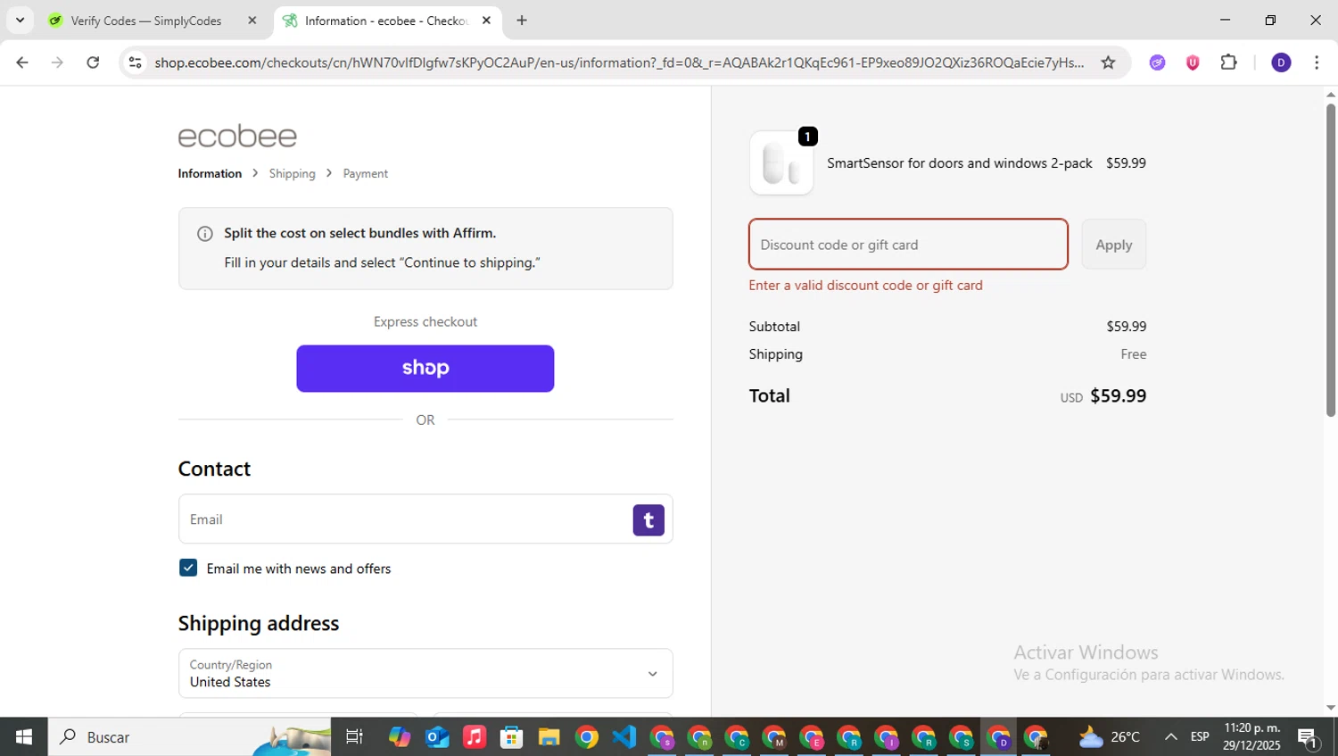 Ecobee discount code screenshot showing code CARTSAVINGS0825 applied at Ecobee checkout page. Uploaded by SimplyCodes community member PrimeNavigator3251 on Dec 30, 2025