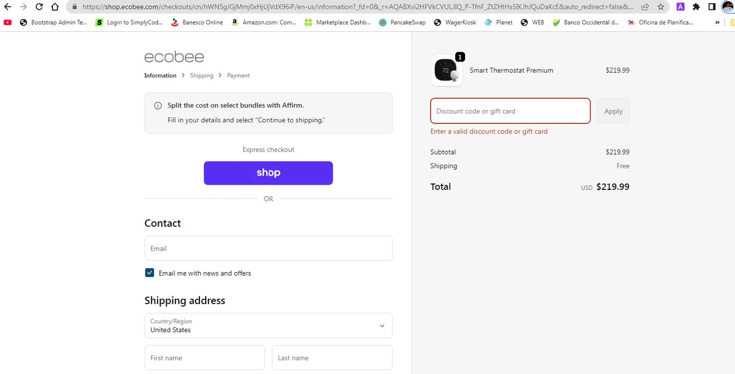 Ecobee discount code screenshot showing code CARTSAVINGS0825 applied at Ecobee checkout page. Uploaded by SimplyCodes community member pollima on Nov 25, 2025