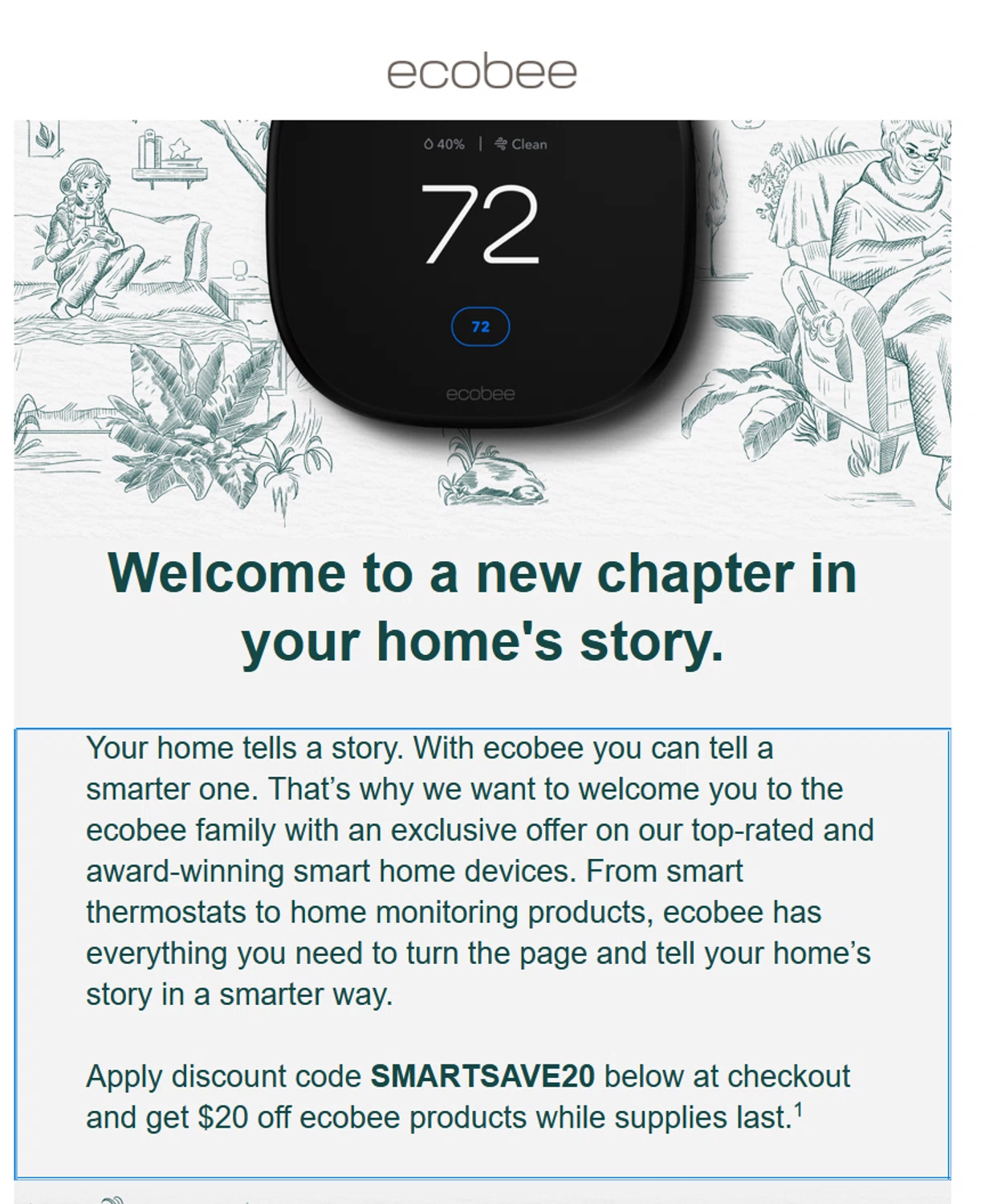 Ecobee discount code screenshot showing code SMARTSAVE20 applied at Ecobee checkout page. Uploaded by SimplyCodes community member OMPU0408 on Dec 25, 2025