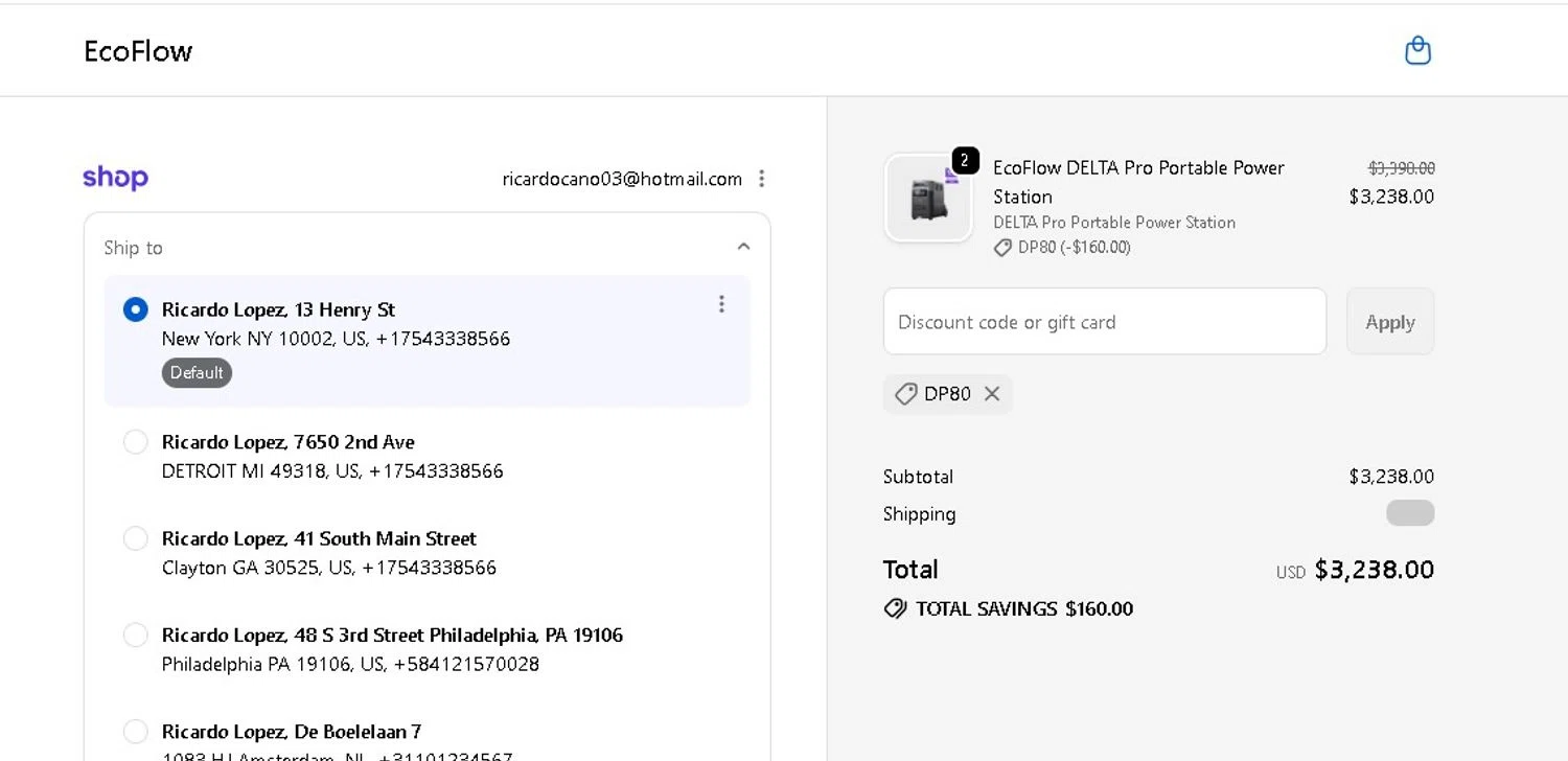 EcoFlow US promo code screenshot showing code DP80 applied at EcoFlow US checkout page. Uploaded by SimplyCodes community member LAMINEJAMAL on Jun 15, 2026