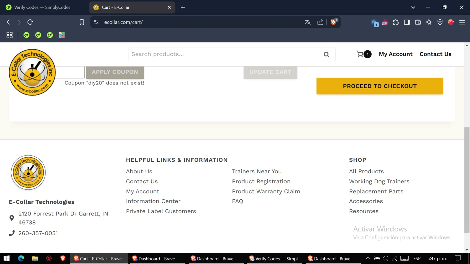 E-Collar Technologies promo code screenshot showing code DIY20 applied at E-Collar Technologies checkout page. Uploaded by SimplyCodes community member WiseMaven8415 on Mar 10, 2025