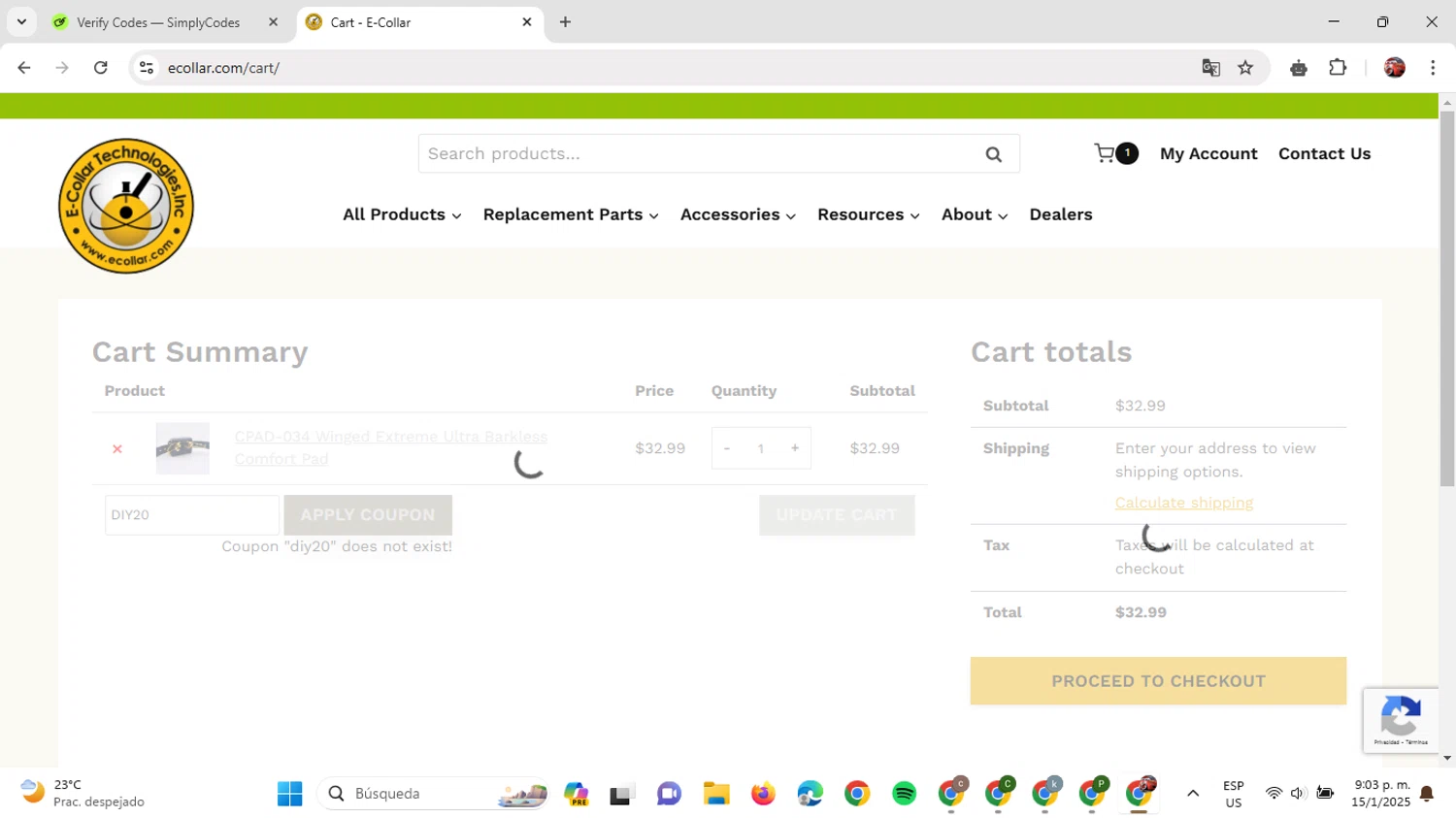 E-Collar Technologies promo code screenshot showing code DIY20 applied at E-Collar Technologies checkout page. Uploaded by SimplyCodes community member GloriousDefender7889 on Jan 16, 2025