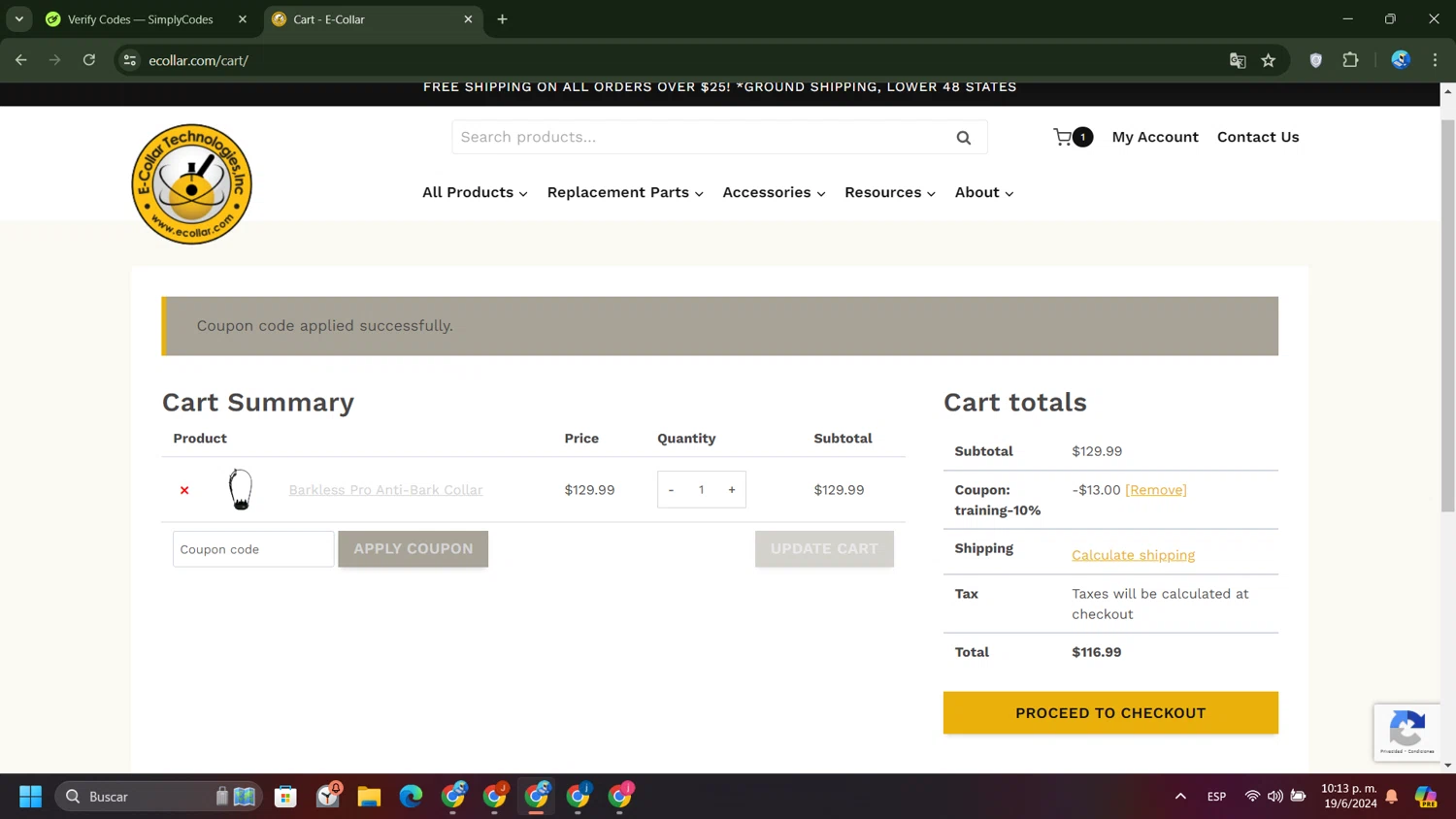 E-Collar Technologies checkout page showing E-Collar Technologies promo code box | Screenshot taken by SimplyCodes community member on Jun 20, 2024