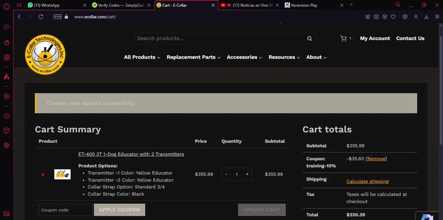E-Collar Technologies checkout page showing E-Collar Technologies promo code box | Screenshot taken by SimplyCodes community member on Jul 28, 2024
