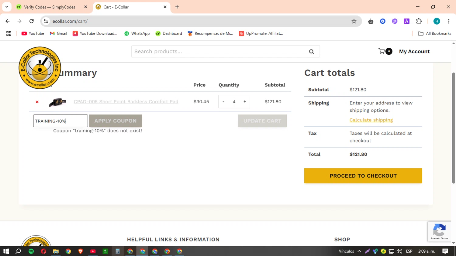 E-Collar Technologies promo code screenshot showing code TRAINING-10% applied at E-Collar Technologies checkout page. Uploaded by SimplyCodes community member MACHINEv1 on May 12, 2025