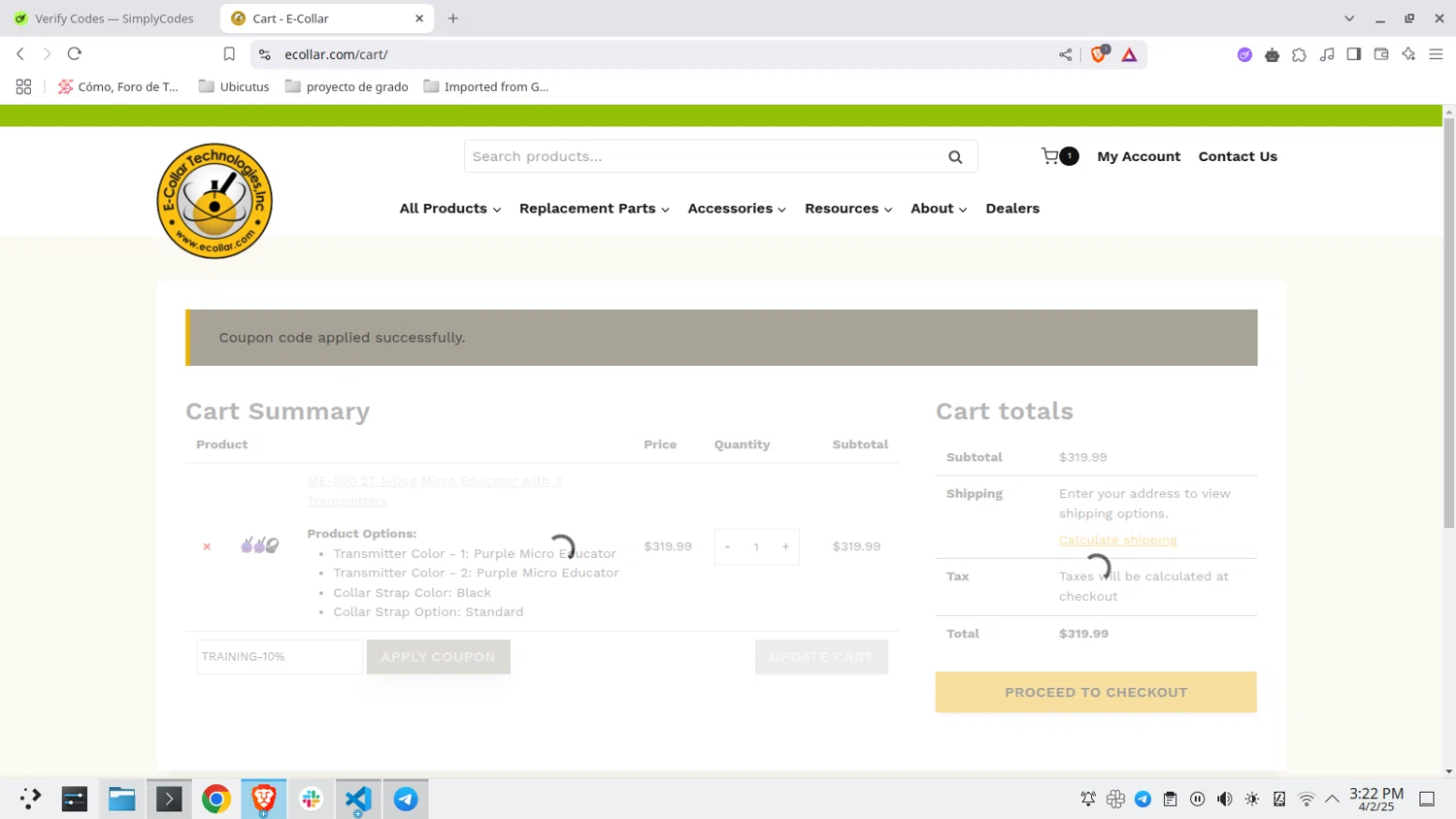 E-Collar Technologies checkout page showing E-Collar Technologies promo code box | Screenshot taken by SimplyCodes community member on Apr 2, 2025