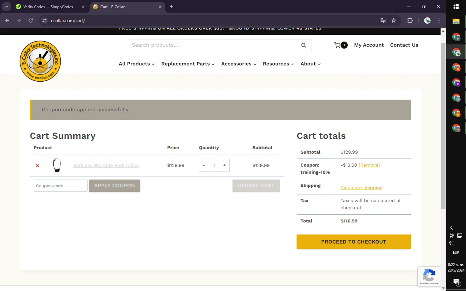 E-Collar Technologies checkout page showing E-Collar Technologies promo code box | Screenshot taken by SimplyCodes community member on May 28, 2024