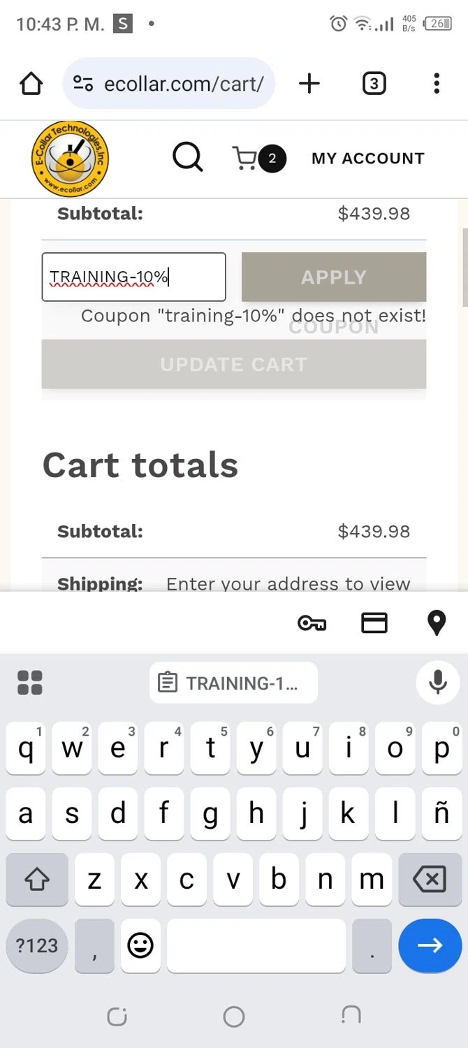 E-Collar Technologies promo code screenshot showing code TRAINING-10% applied at E-Collar Technologies checkout page. Uploaded by SimplyCodes community member CoinBoss7109 on May 12, 2025