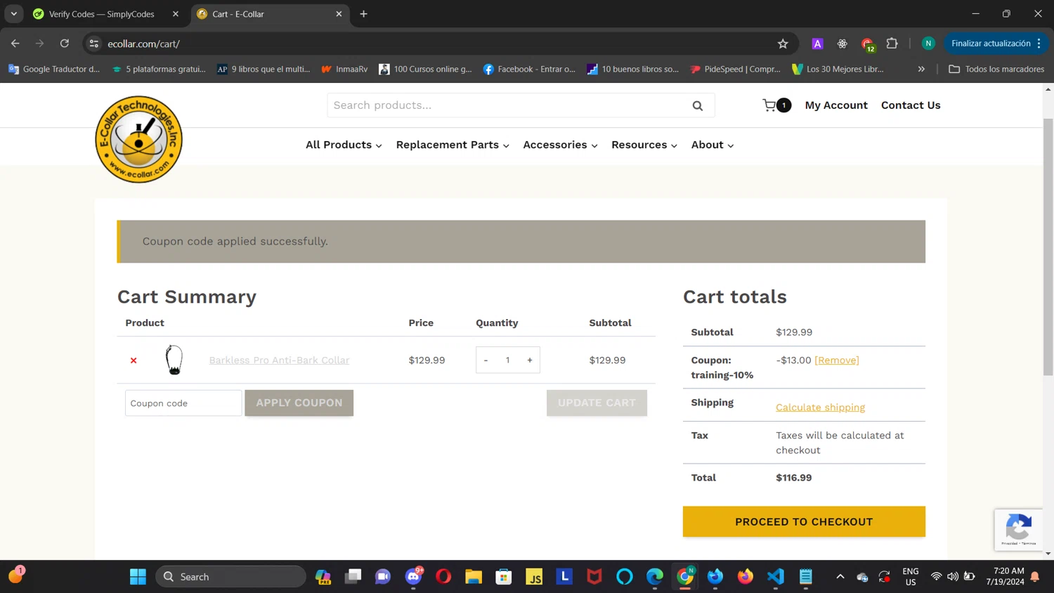 E-Collar Technologies checkout page showing E-Collar Technologies promo code box | Screenshot taken by SimplyCodes community member on Jul 19, 2024