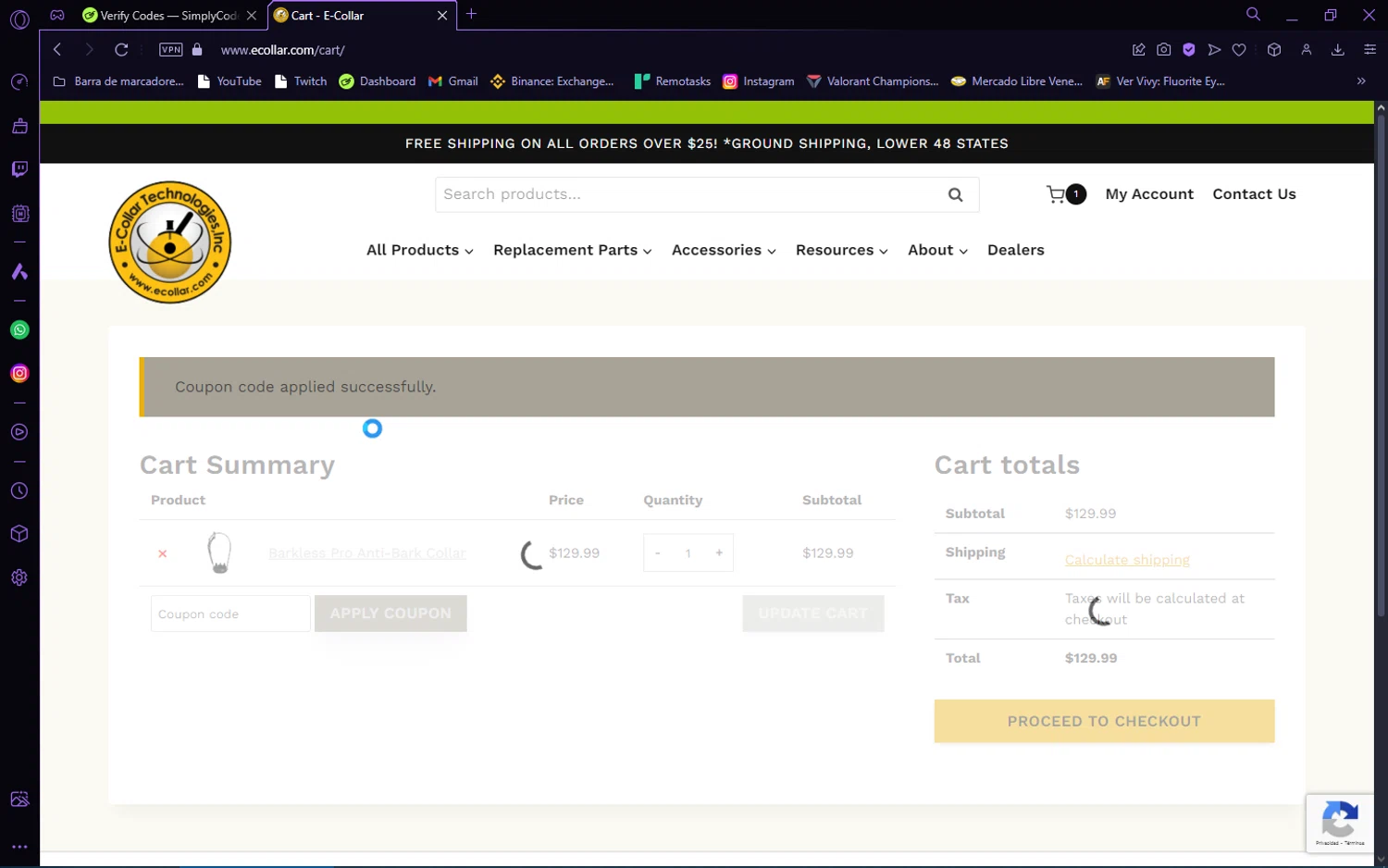E-Collar Technologies checkout page showing E-Collar Technologies promo code box | Screenshot taken by SimplyCodes community member on Sep 25, 2024