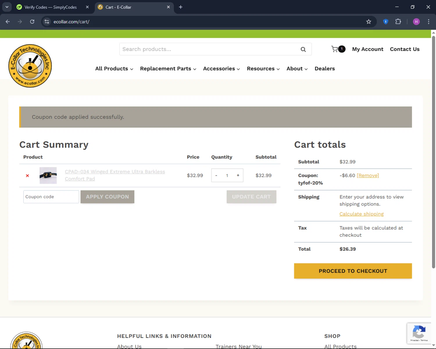 E-Collar Technologies promo code screenshot showing code TYFOF-20% applied at E-Collar Technologies checkout page. Uploaded by SimplyCodes community member TokenNavigator6891 on Apr 5, 2025