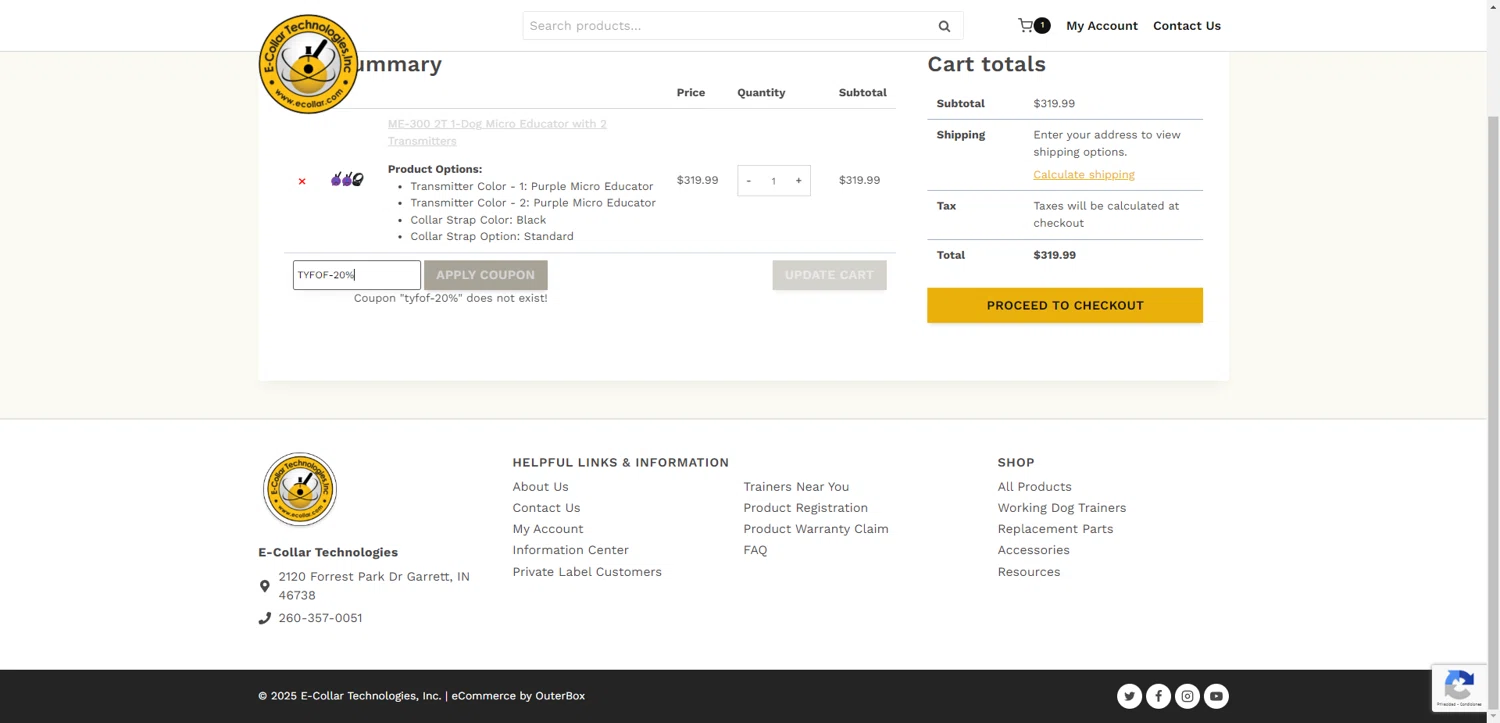 E-Collar Technologies promo code screenshot showing code TYFOF-20% applied at E-Collar Technologies checkout page. Uploaded by SimplyCodes community member ThriftyPhoenix5129 on May 3, 2025