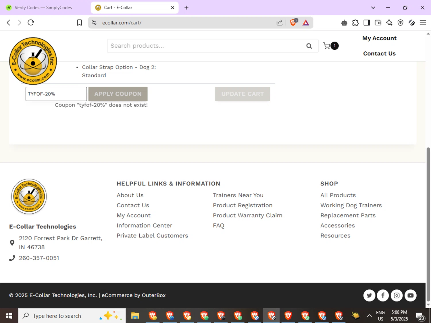 E-Collar Technologies promo code screenshot showing code TYFOF-20% applied at E-Collar Technologies checkout page. Uploaded by SimplyCodes community member ExtraordinaryGenius9135 on May 3, 2025