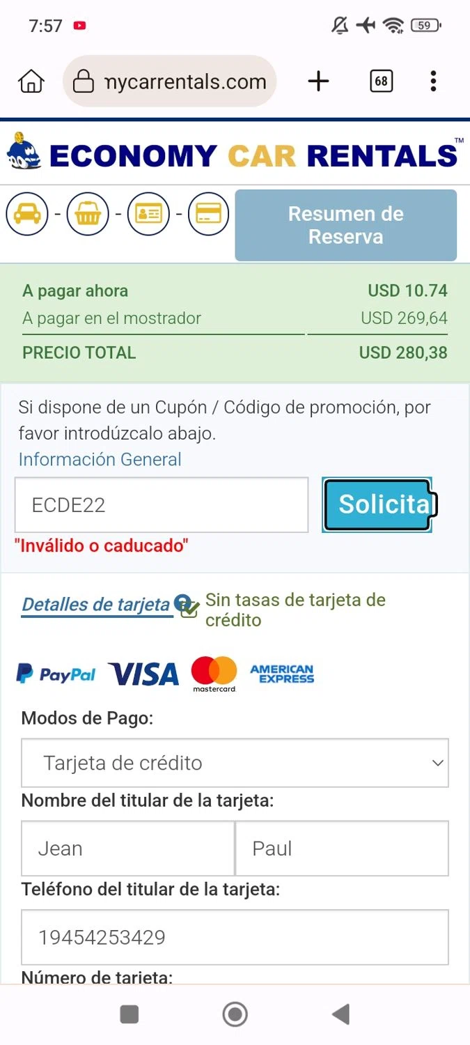 Economy Car Rentals promo code screenshot showing code ECDE22 applied at Economy Car Rentals checkout page. Uploaded by SimplyCodes community member malumabby on Mar 16, 2025