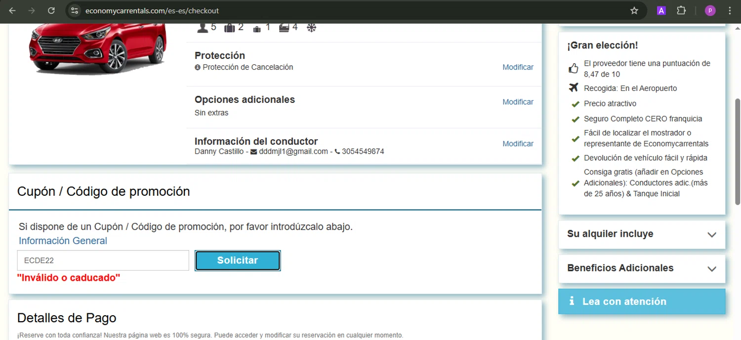 Economy Car Rentals promo code screenshot showing code ECDE22 applied at Economy Car Rentals checkout page. Uploaded by SimplyCodes community member firoas on Mar 26, 2025