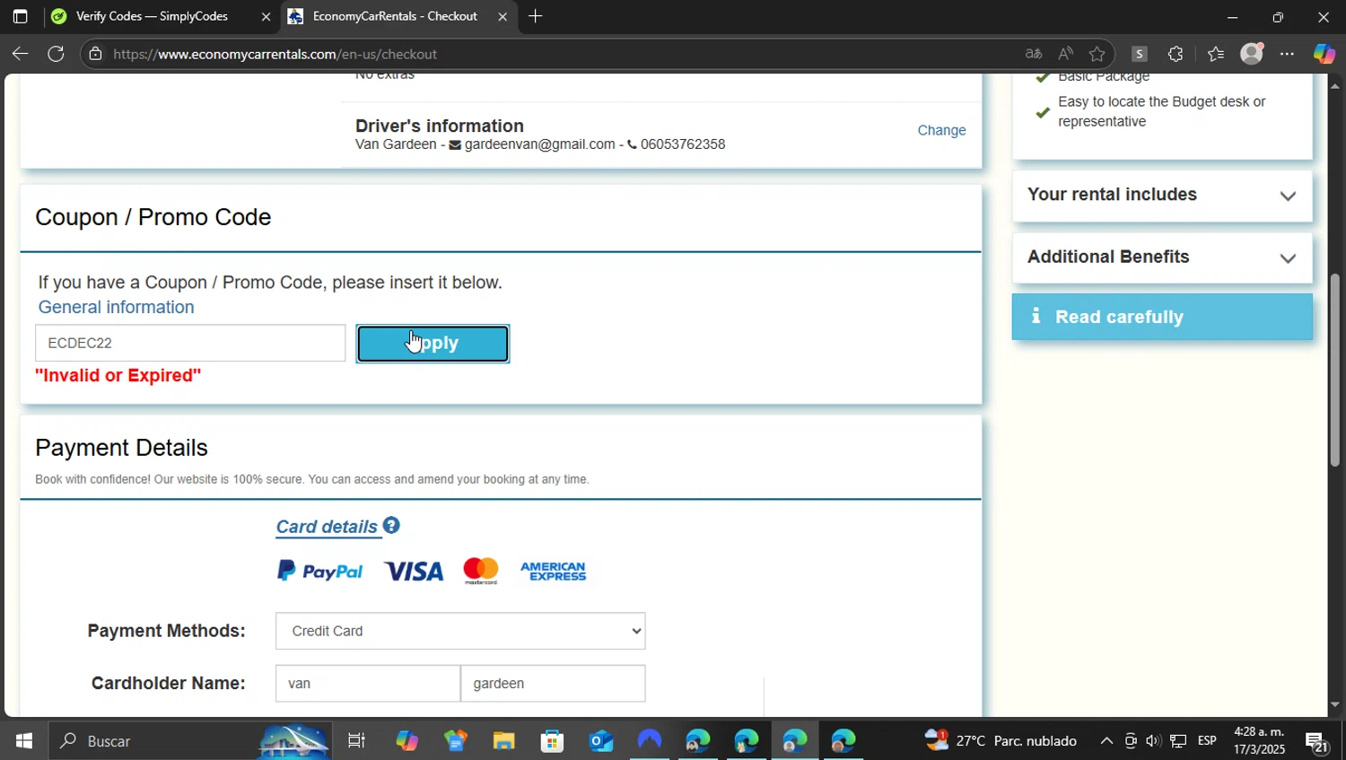Economy Car Rentals promo code screenshot showing code ECDEC22 applied at Economy Car Rentals checkout page. Uploaded by SimplyCodes community member vasijadeaceite on Mar 17, 2025