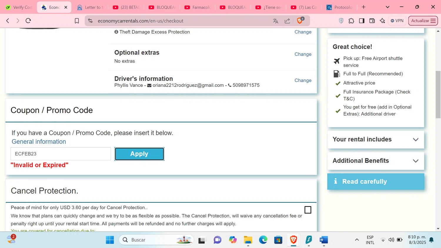 Economy Car Rentals promo code screenshot showing code ECFEB23 applied at Economy Car Rentals checkout page. Uploaded by SimplyCodes community member Tratala on Mar 9, 2025