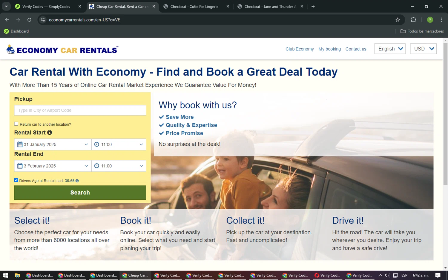 Economy Car Rentals checkout page showing Economy Car Rentals promo code box | Screenshot taken by SimplyCodes community member on Jan 28, 2025