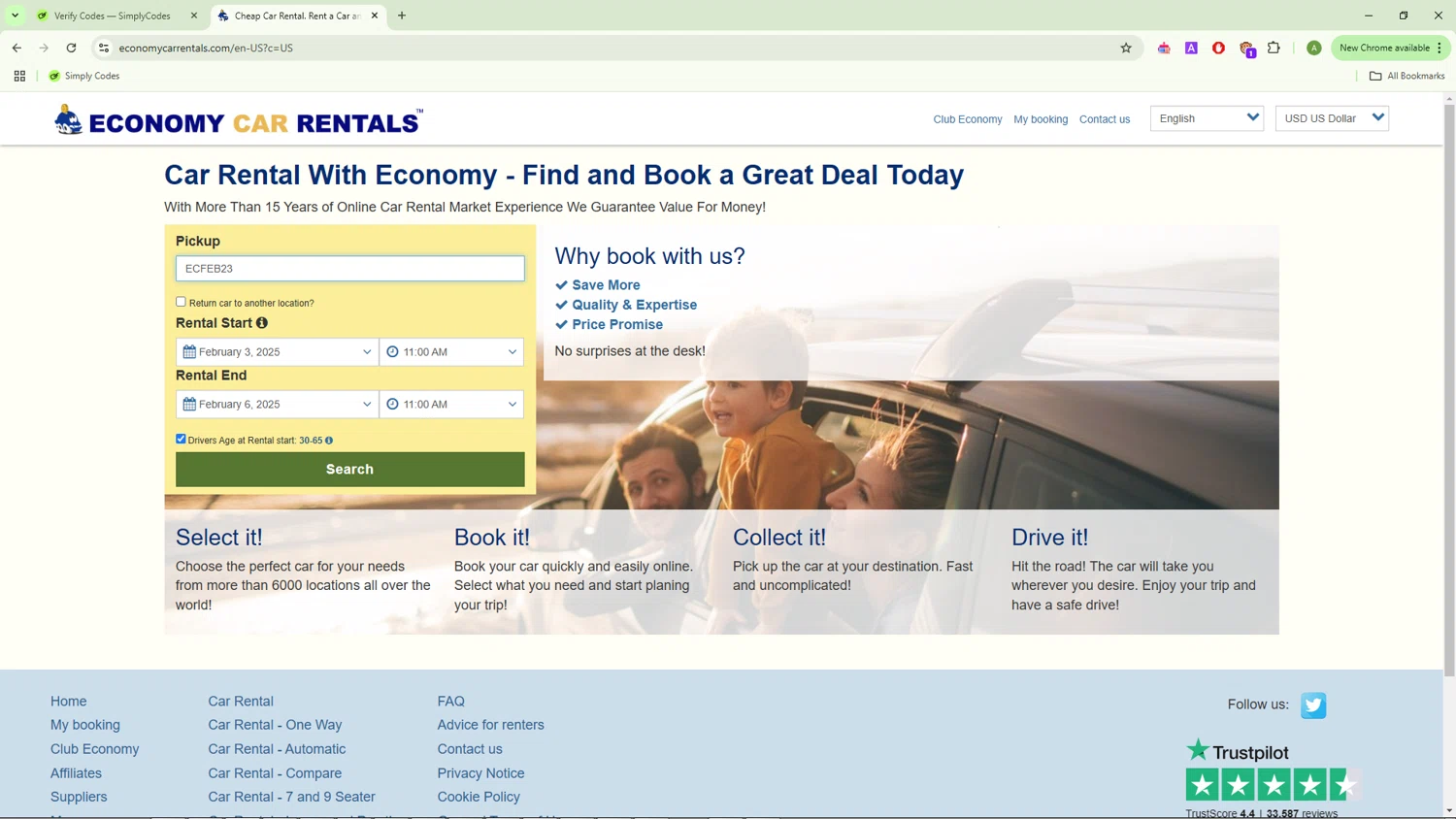 Economy Car Rentals checkout page showing Economy Car Rentals promo code box | Screenshot taken by SimplyCodes community member on Jan 31, 2025