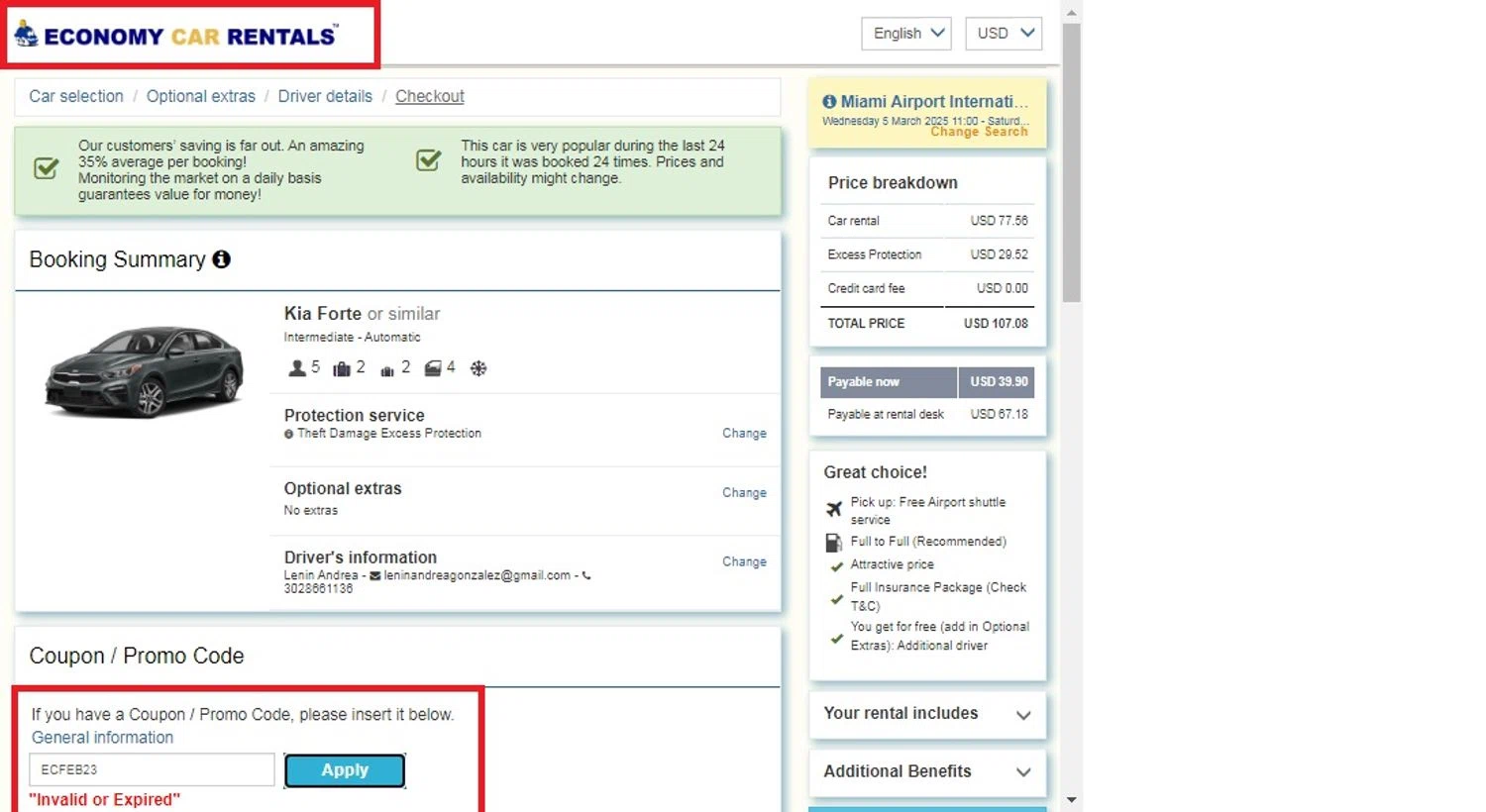 Economy Car Rentals promo code screenshot showing code ECFEB23 applied at Economy Car Rentals checkout page. Uploaded by SimplyCodes community member leninandrea on Mar 2, 2025