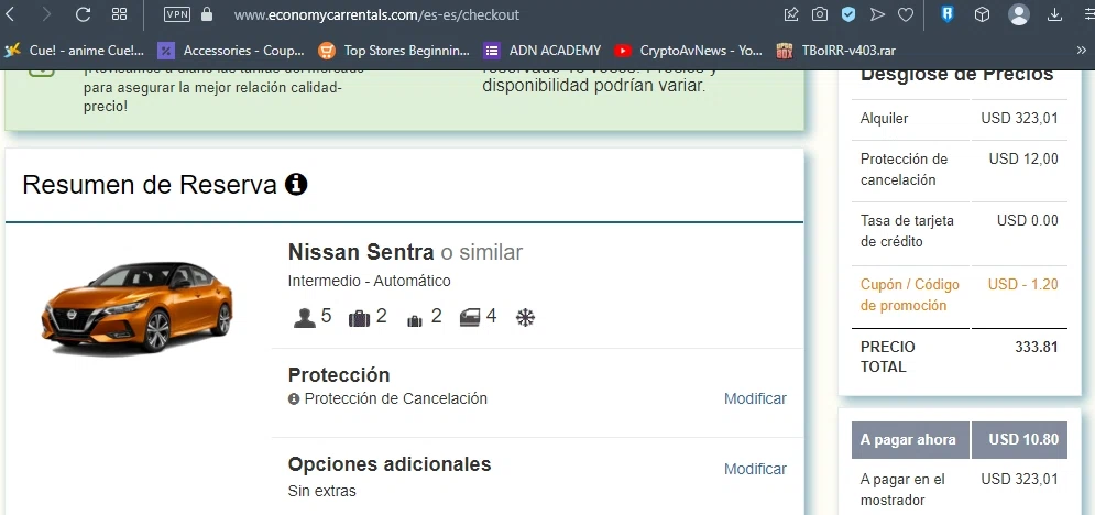 Economy Car Rentals checkout page showing Economy Car Rentals promo code box | Screenshot taken by SimplyCodes community member on May 24, 2023
