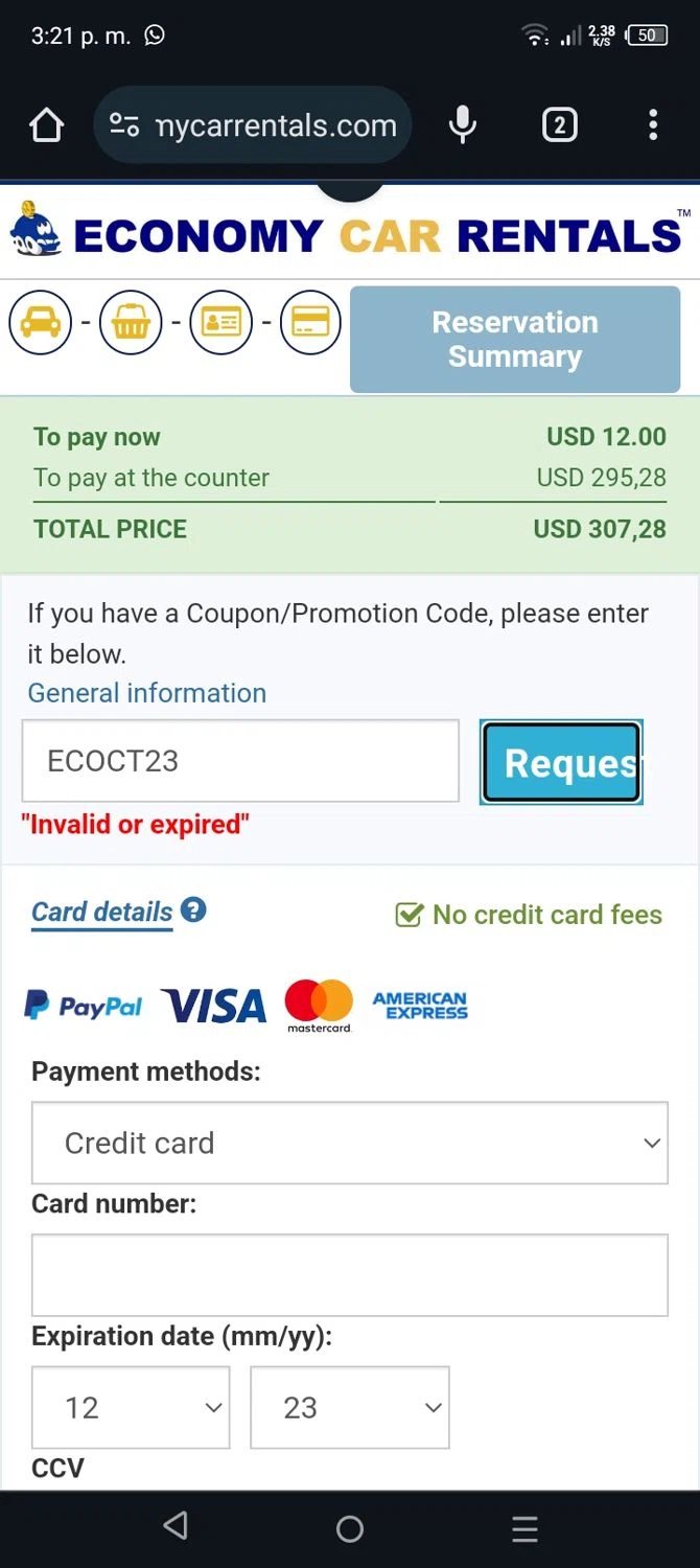 Economy Car Rentals checkout page showing Economy Car Rentals promo code box | Screenshot taken by SimplyCodes community member on Nov 1, 2023