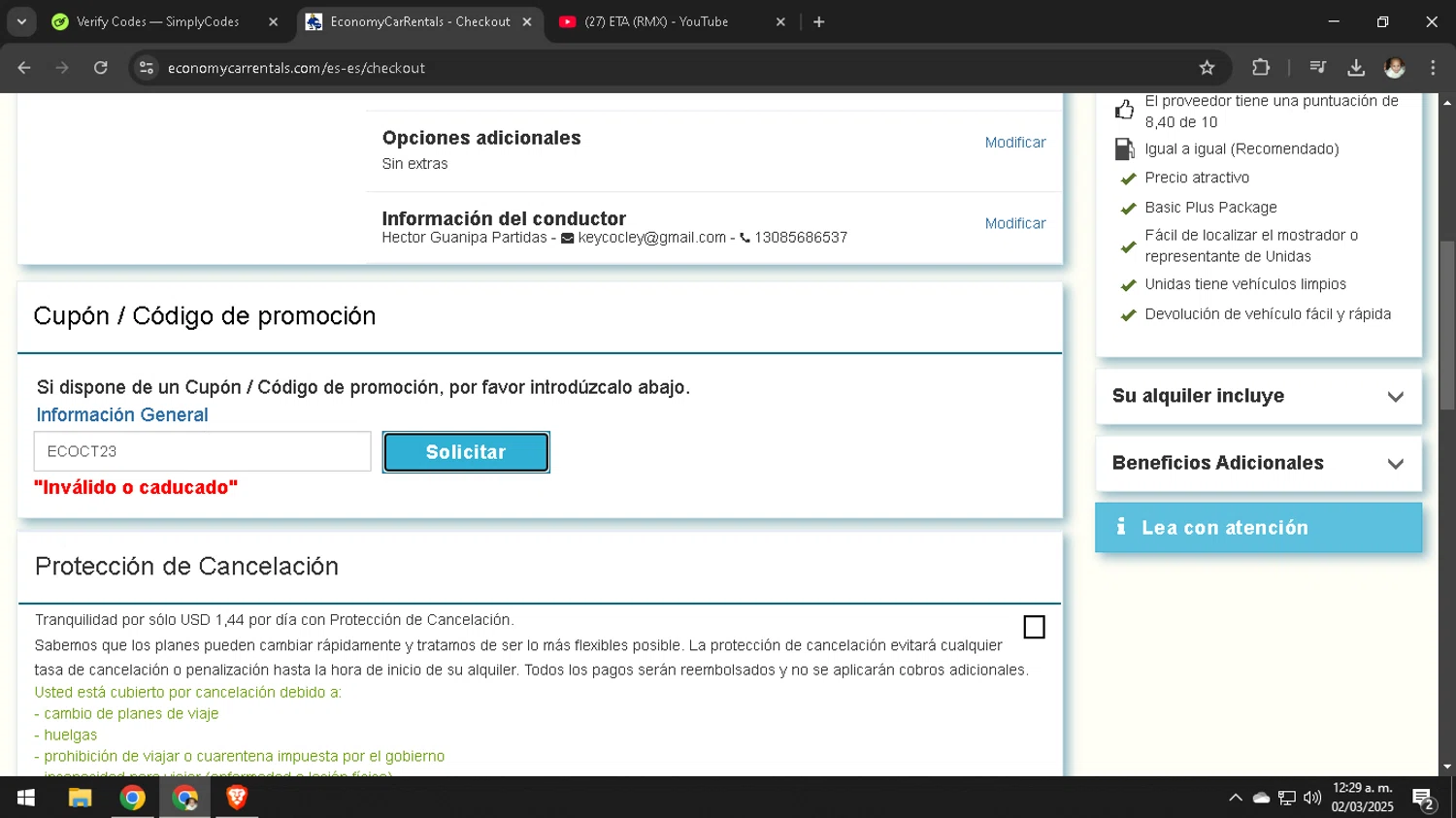 Economy Car Rentals promo code screenshot showing code ECOCT23 applied at Economy Car Rentals checkout page. Uploaded by SimplyCodes community member SavingsMaven1223 on Mar 2, 2025