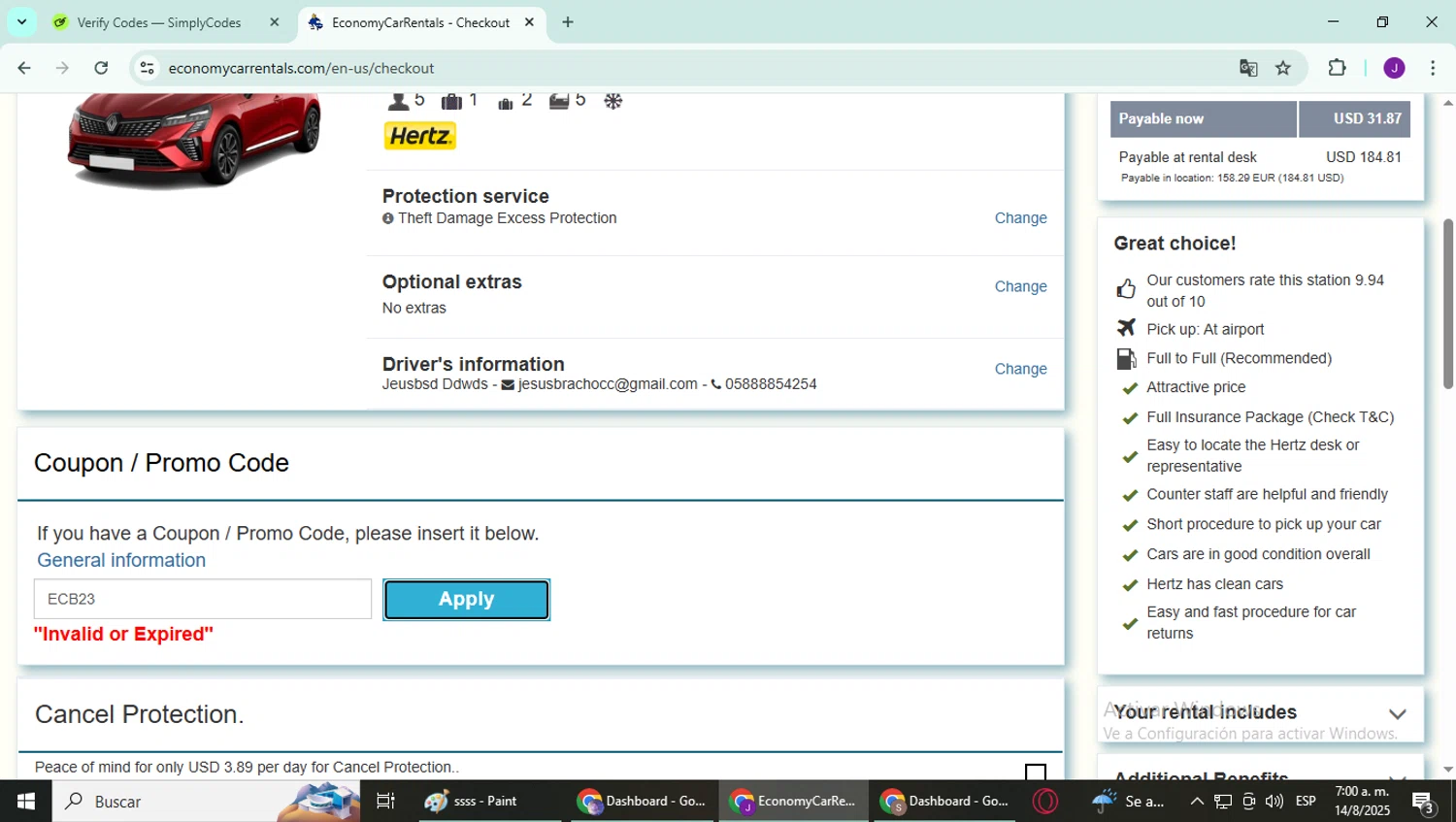 Economy Car Rentals promo code screenshot showing code ECB23 applied at Economy Car Rentals checkout page. Uploaded by SimplyCodes community member YutakaH0shin0 on Aug 14, 2025