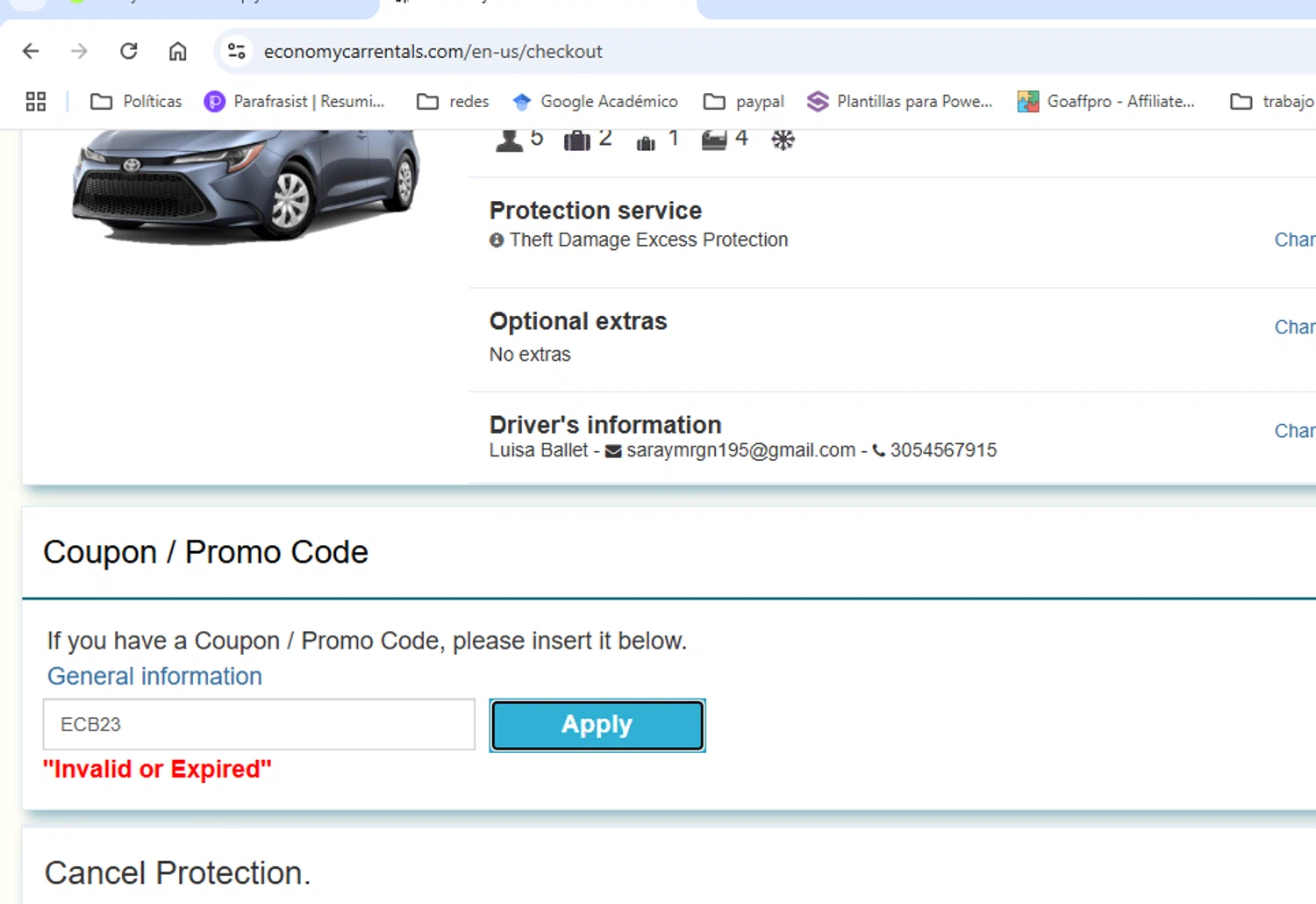 Economy Car Rentals promo code screenshot showing code ECB23 applied at Economy Car Rentals checkout page. Uploaded by SimplyCodes community member gerardlaya on Mar 24, 2025