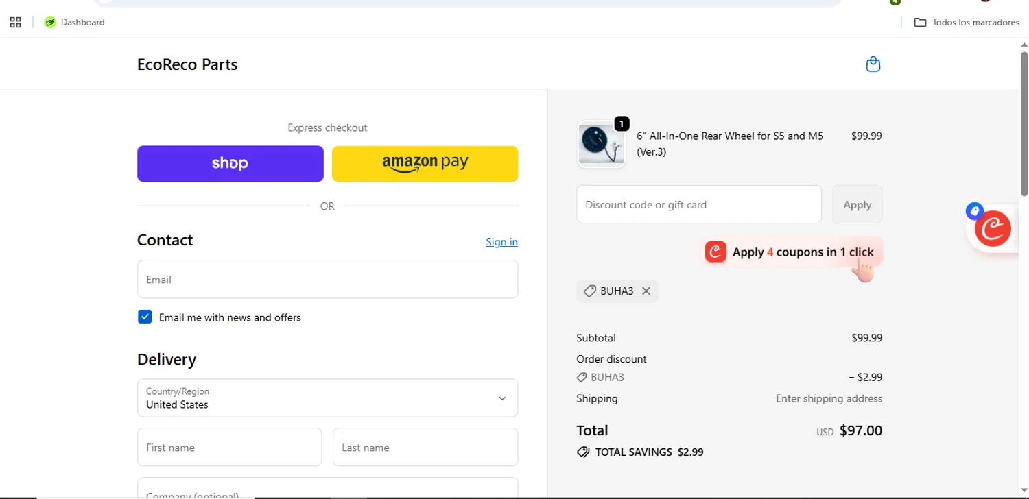 EcoReco Parts promo code screenshot showing code BUHA3 applied at EcoReco Parts checkout page. Uploaded by SimplyCodes community member Speedy on Jun 8, 2026