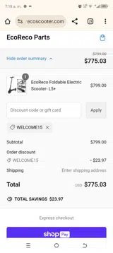 WELCOME15 coupon verification screenshot