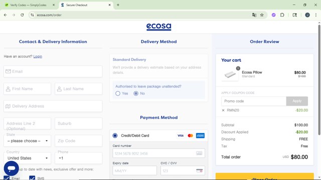 Ecosa checkout page showing Ecosa discount code box | Screenshot taken by SimplyCodes community member on Jun 19, 2025