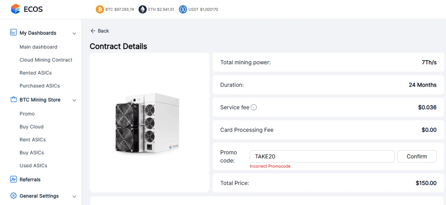 ECOS promo code screenshot showing code TAKE20 applied at ECOS checkout page. Uploaded by SimplyCodes community member VoucherHero6322 on Feb 2, 2025
