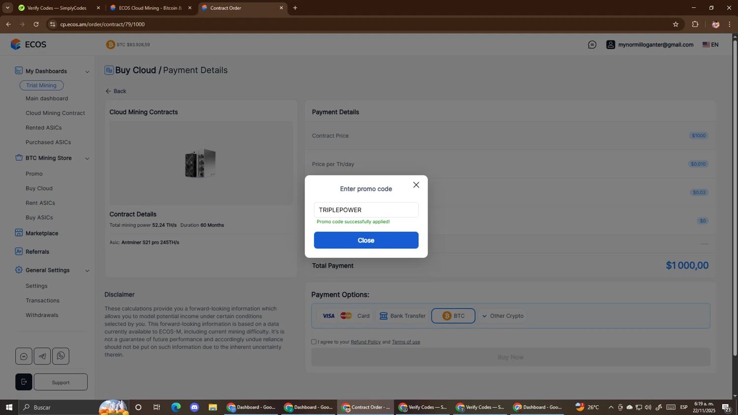 ECOS promo code screenshot showing code TRIPLEPOWER applied at ECOS checkout page. Uploaded by SimplyCodes community member El_mynor on Nov 22, 2025
