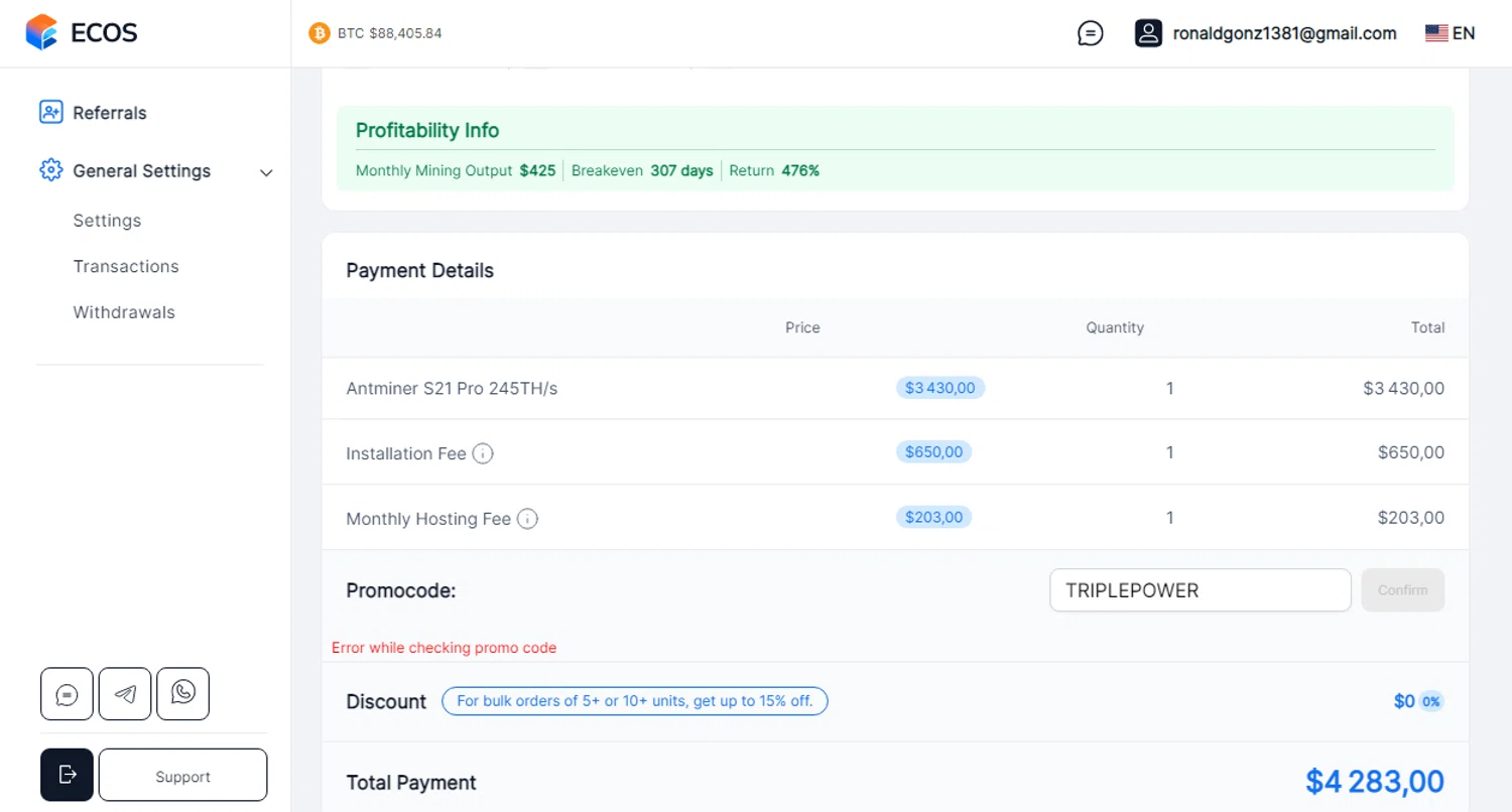 ECOS promo code screenshot showing code TRIPLEPOWER applied at ECOS checkout page. Uploaded by SimplyCodes community member SmartSaver7916 on Dec 21, 2025