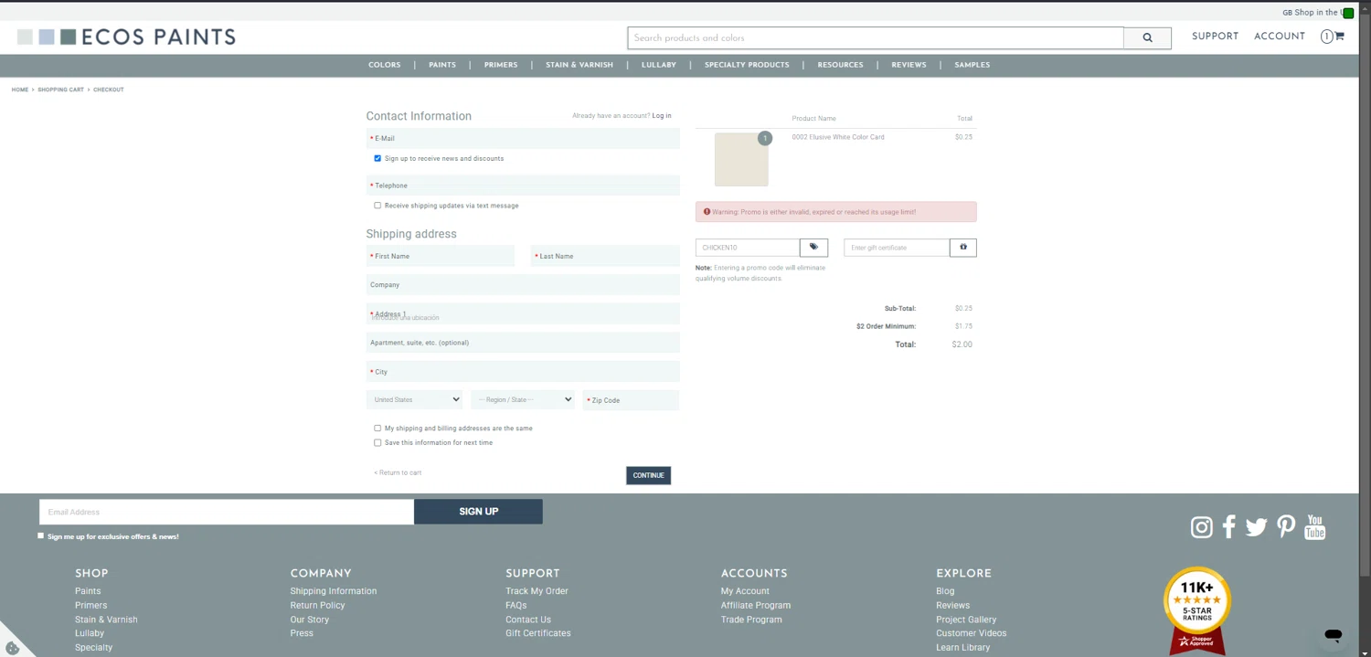 ECOS Paints coupon code screenshot showing code CHICKEN10 applied at ECOS Paints checkout page. Uploaded by SimplyCodes community member RINITOSHI on Mar 31, 2025