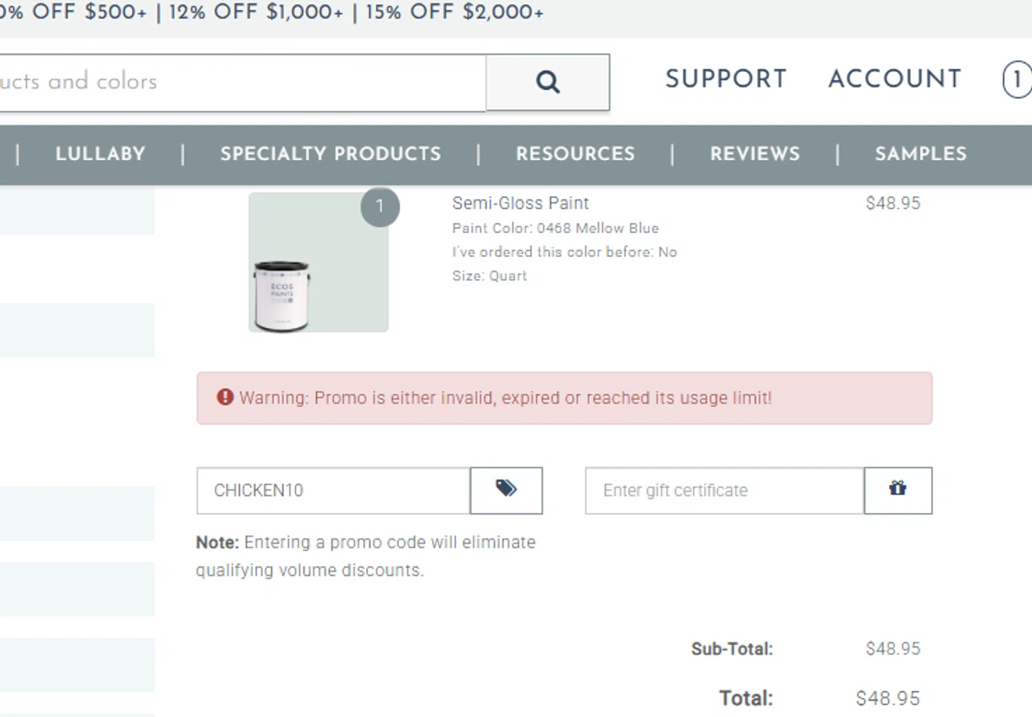 ECOS Paints coupon code screenshot showing code CHICKEN10 applied at ECOS Paints checkout page. Uploaded by SimplyCodes community member VoucherHero6322 on Mar 31, 2025