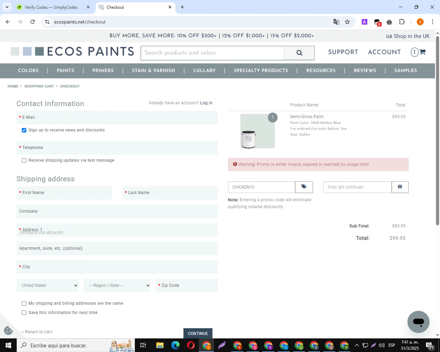 ECOS Paints coupon code screenshot showing code CHICKEN10 applied at ECOS Paints checkout page. Uploaded by SimplyCodes community member TokenSpotter210 on Mar 31, 2025