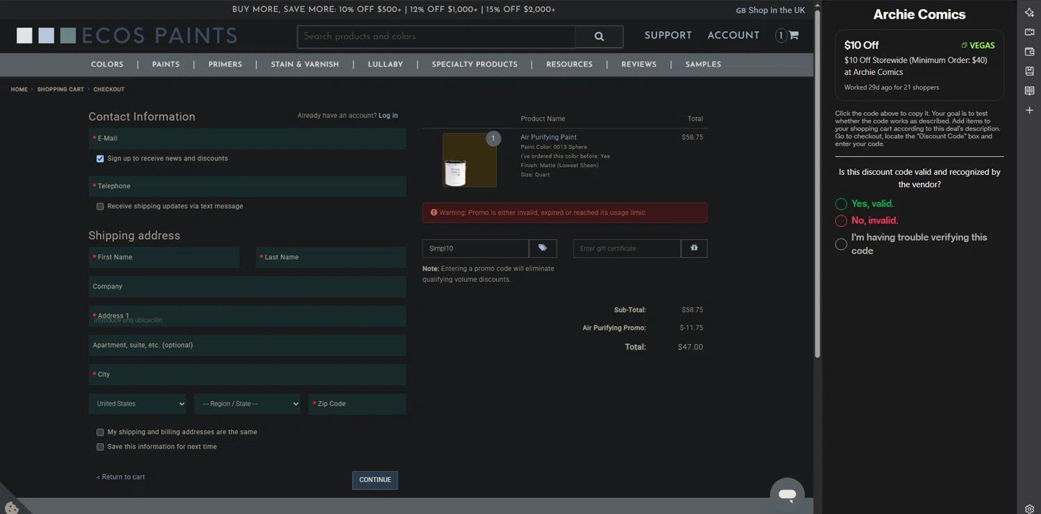 ECOS Paints coupon code screenshot showing code Simpl10 applied at ECOS Paints checkout page. Uploaded by SimplyCodes community member POWERRANGERRED on May 2, 2025