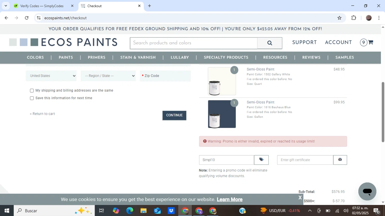 ECOS Paints coupon code screenshot showing code Simpl10 applied at ECOS Paints checkout page. Uploaded by SimplyCodes community member BonusEagle6359 on May 2, 2025