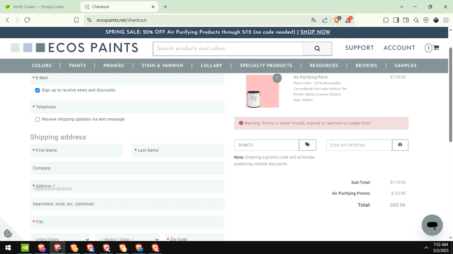 ECOS Paints coupon code screenshot showing code Simpl10 applied at ECOS Paints checkout page. Uploaded by SimplyCodes community member EpicTiger6039 on May 2, 2025
